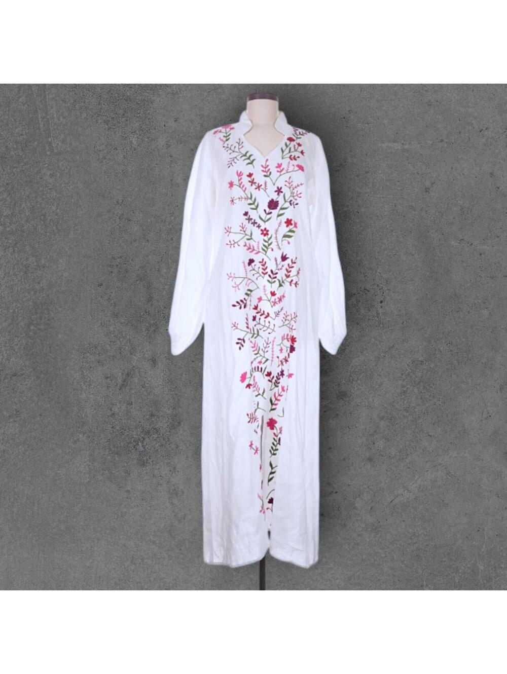 Maria Cayetana Linen Embroidered Floral Boho Chic Handmade Mexican Maxi Dress M